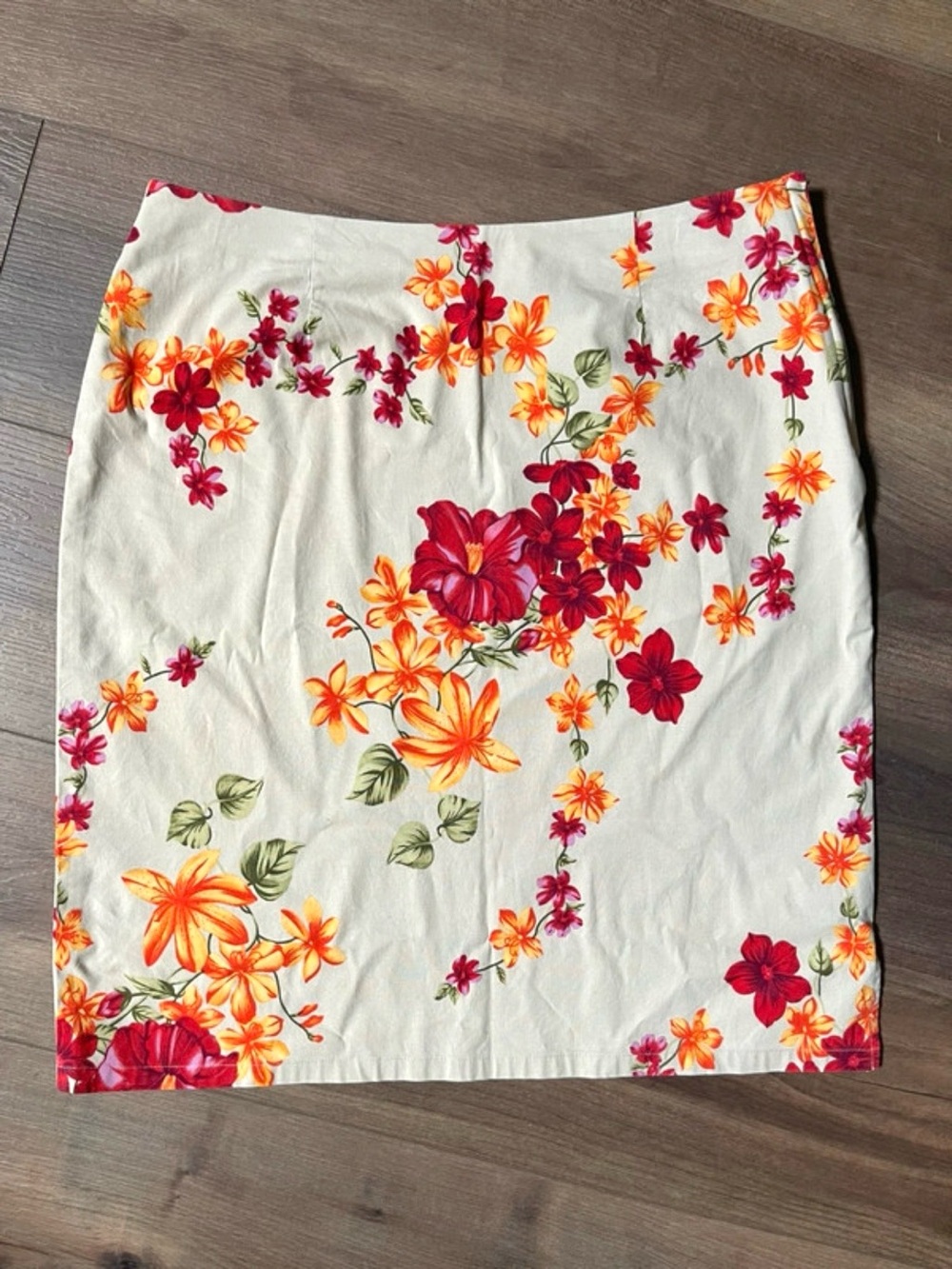Marisa Christina Cream Pencil Skirt with Red & Orange Floral Print